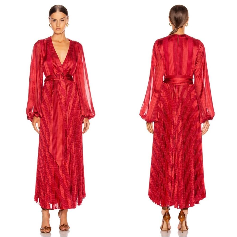 ALEXIS Salomo Long Sleeve V Neckline Belted Pleated Red Stripe Maxi Dress Sz S